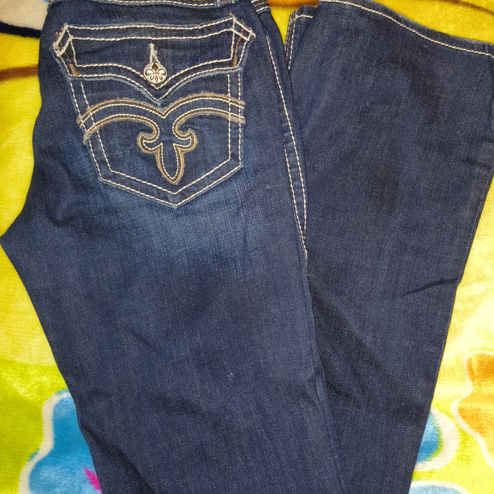 Rock Revival Blue Boot Cut Jeans with Intricate Stitching